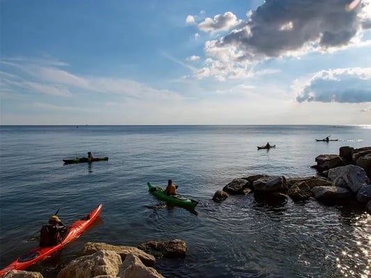 Group paddleboarding at sunset